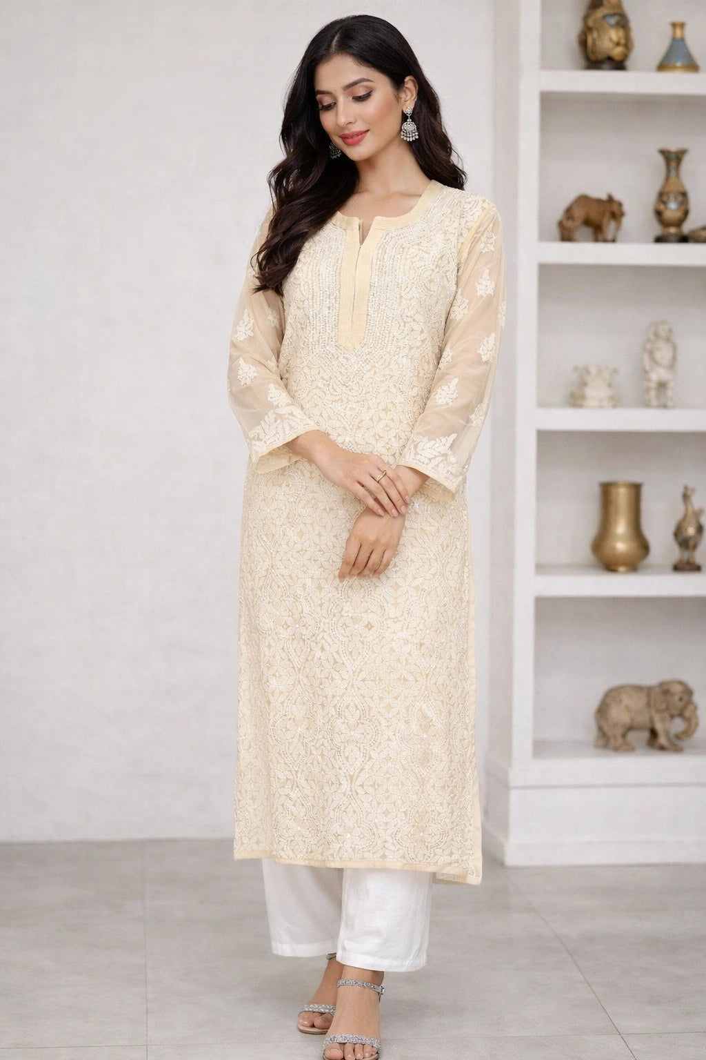 Lucknow Fashion Diary Hand Embroidered Lucknowi Chikankari Women's Fawn Georgette Kurti 