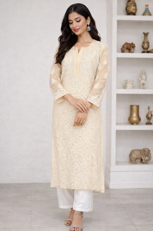 Lucknow Fashion Diary Hand Embroidered Lucknowi Chikankari Women's Fawn Georgette Kurti 