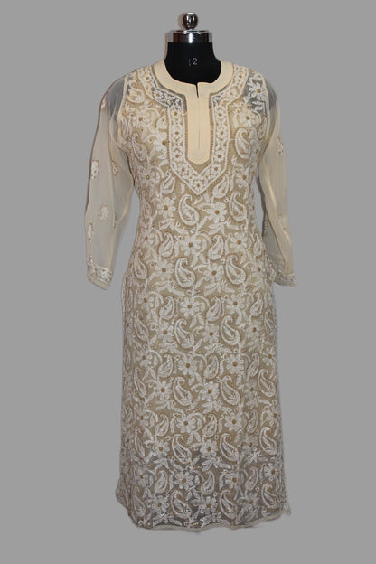 Elegant dress with intricate patterns on a gray background