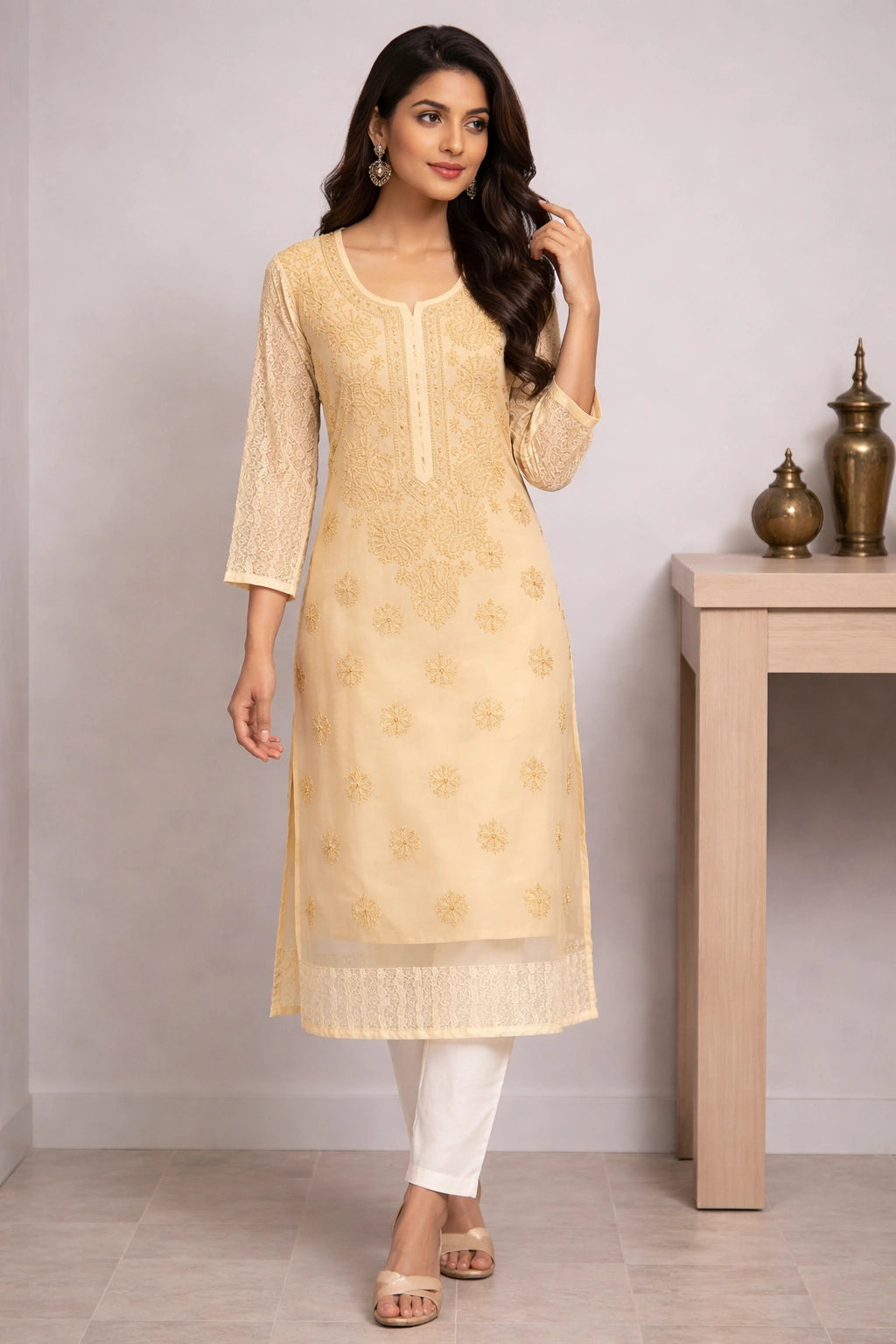 Lucknow Fashion Diary Hand Embroidered Lucknowi Chikankari Women's Fawn Georgette Kurti