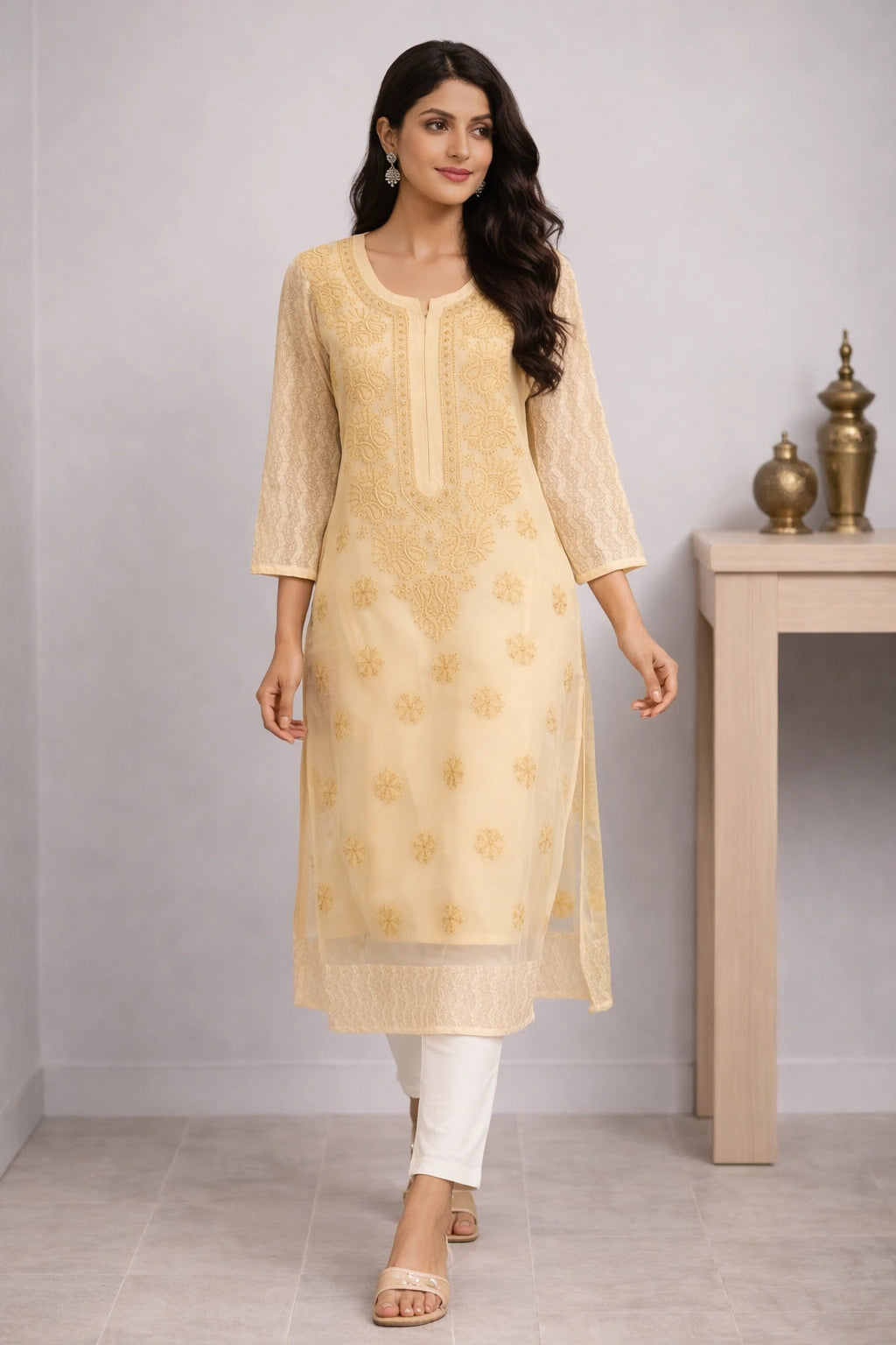 Woman wearing a lucknowi chikankari  light yellow kurta with white pants in a minimalistic setting.