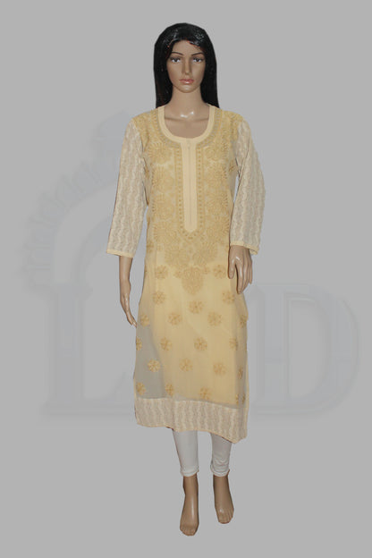 Mannequin wearing a beige embroidered kurta with white pants on a gray background