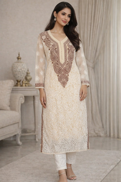 Lucknow Fashion Diary Hand Embroidered Lucknowi Chikankari Women's Fawn Georgette Kurti