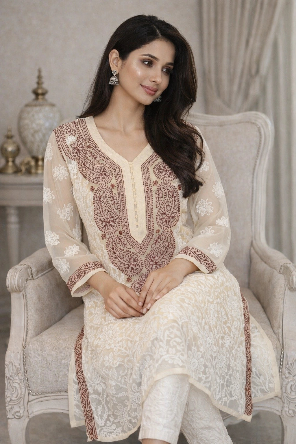 Woman wearing a cream-colored hand embroidered outfit sitting on a decorative chair.