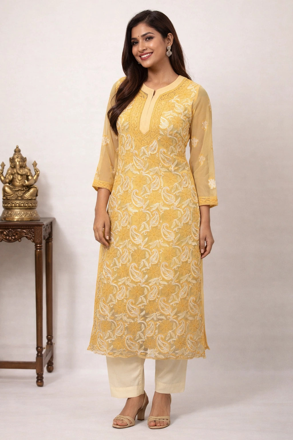 Lucknow Fashion Diary Hand Embroidered Lucknowi Chikankari Women's Fawn Georgette Kurti