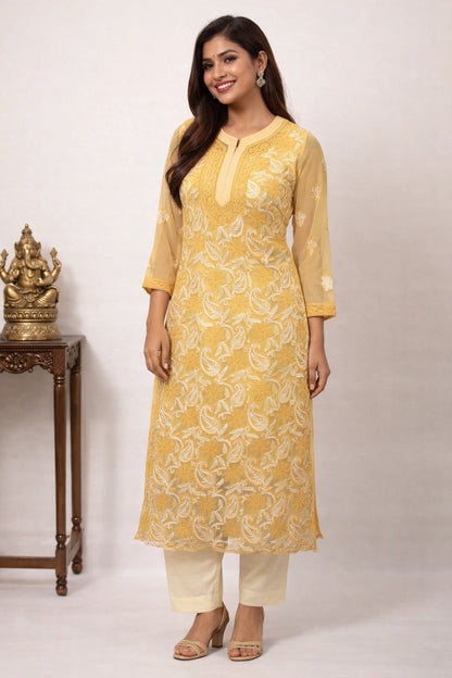 Lucknow Fashion Diary Hand Embroidered Lucknowi Chikankari Women's Fawn Georgette Kurti