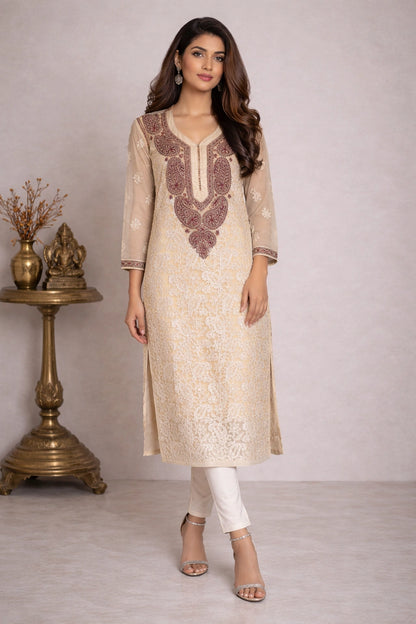 Lucknow Fashion Diary Hand Embroidered Lucknowi Chikankari Women's Fawn Georgette Kurti 