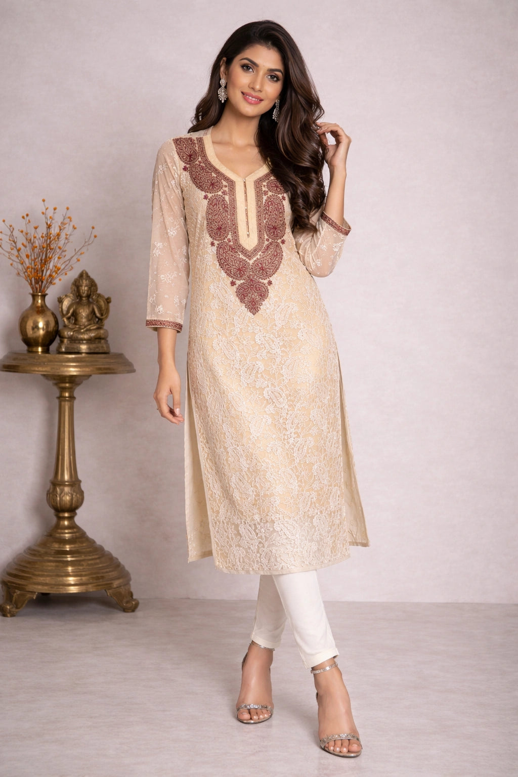 Woman wearing a beige embroidered kurta with white pants in a minimalistic setting.