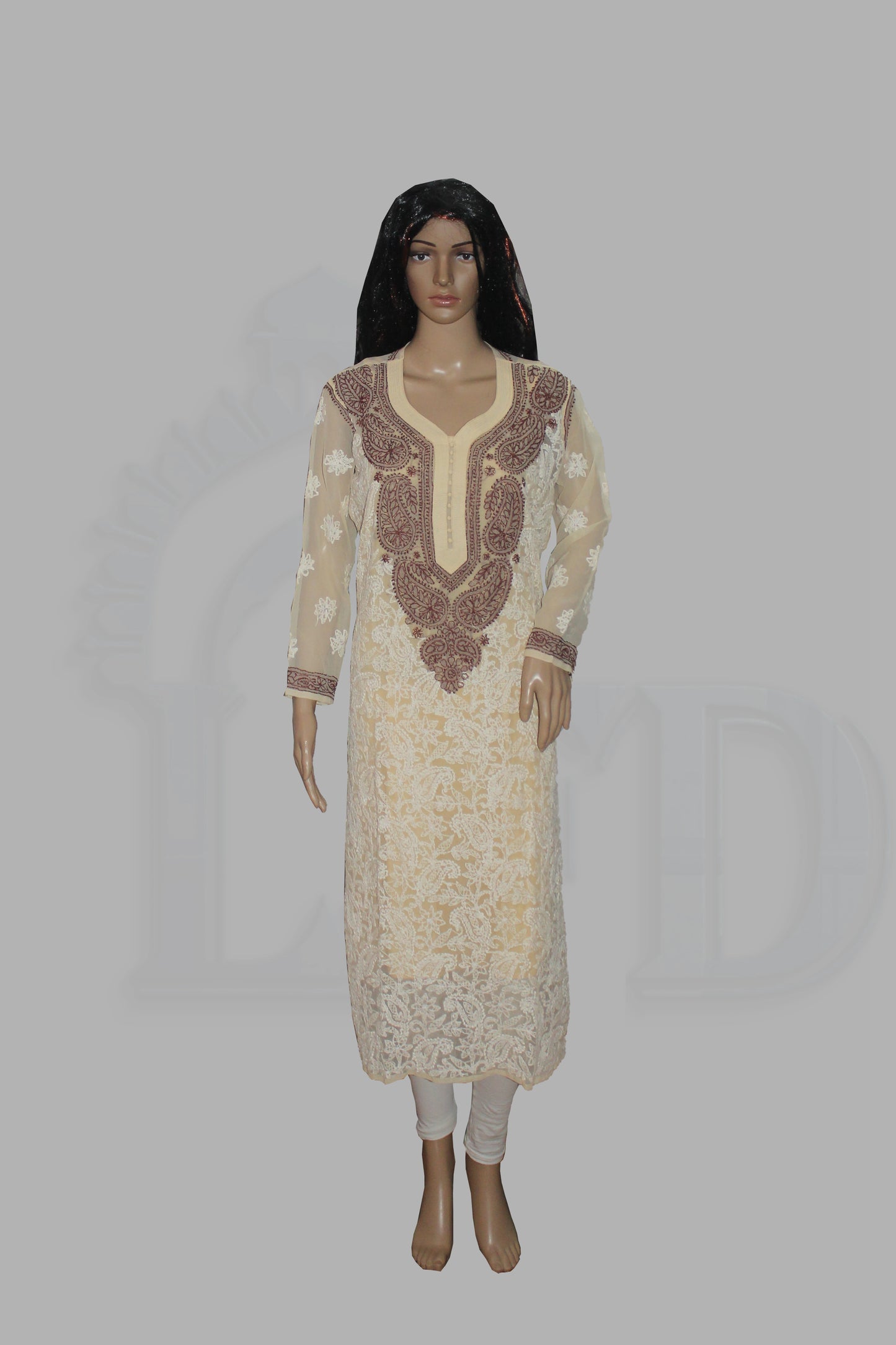 Mannequin wearing a cream-colored kurta with intricate brown embroidery on a gray background