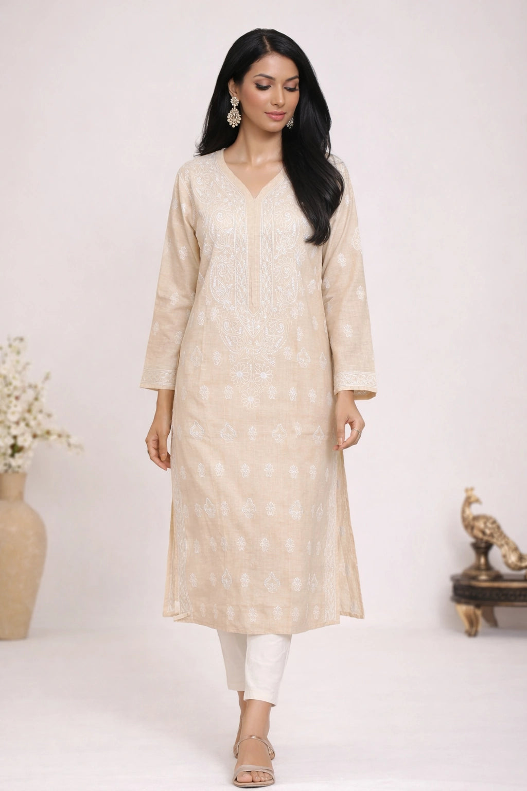 Lucknow Fashion Diary Hand Embroidered Lucknowi Chikankari Women's Fawn Khadi Cotton Kurti 
