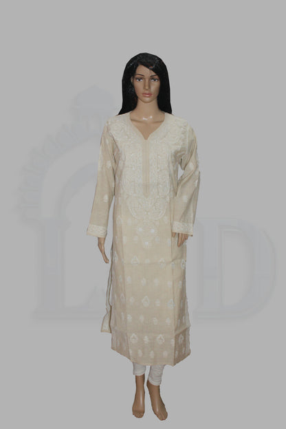Mannequin wearing a lucknowi beige kurta with white patterns on a gray background