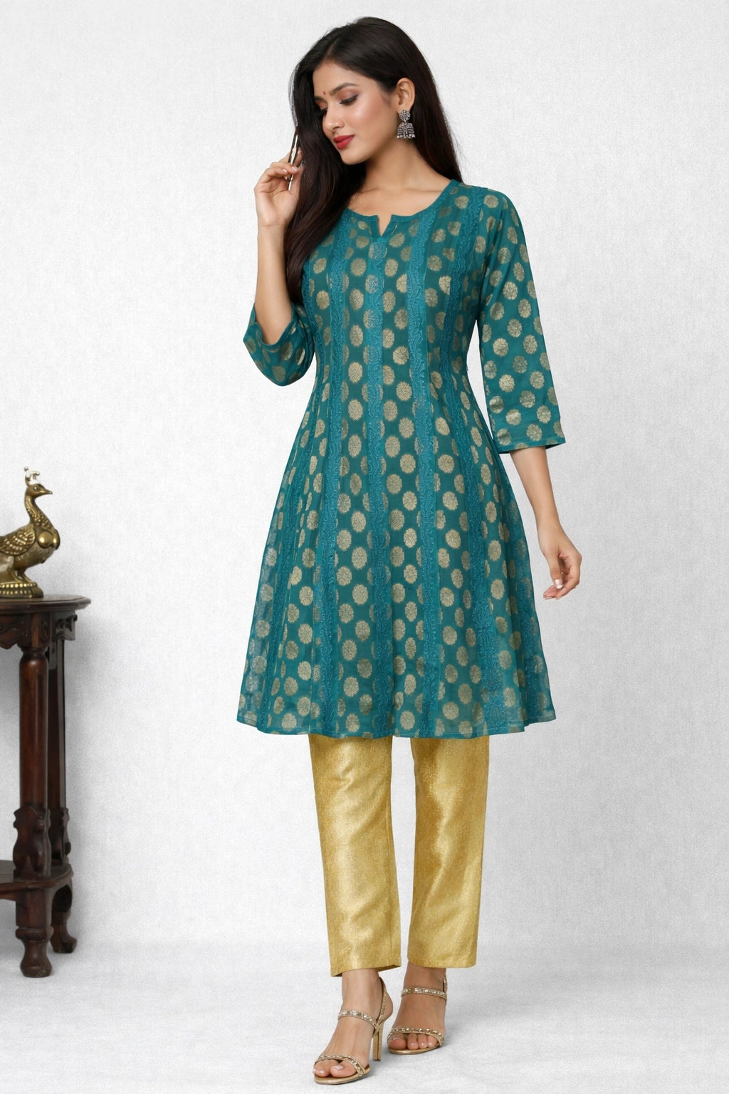 Lucknow Fashion Diary Hand Embroidered Lucknowi Chikankari Women's Green Banarasi Anarkali