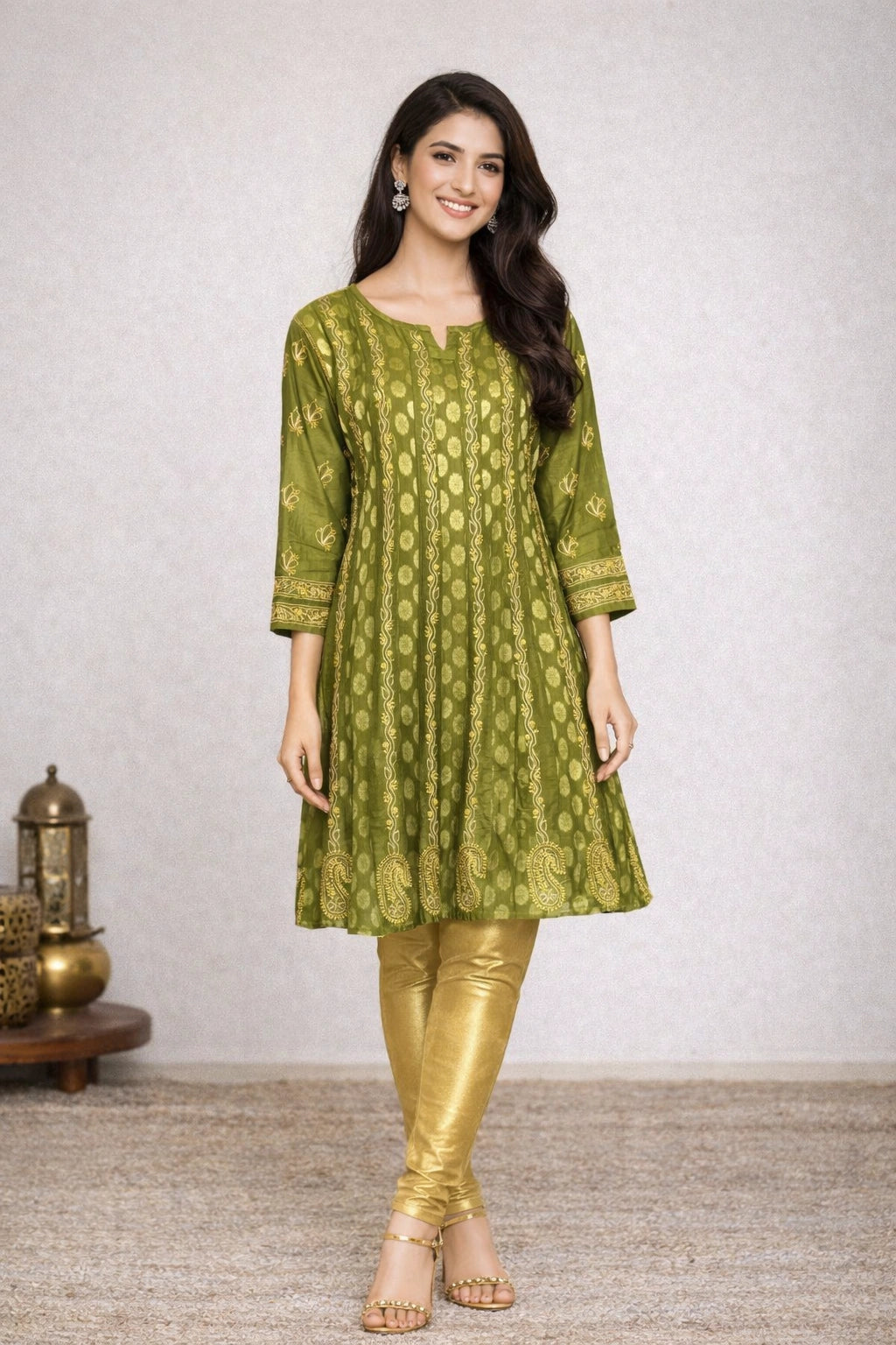Lucknow Fashion Diary Hand Embroidered Lucknowi Chikankari Women's Green Banarasi Anarkali 