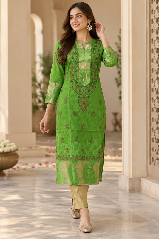 Lucknow Fashion Diary Hand Embroidered Lucknowi Chikankari Women's Green Chanderi Kurti