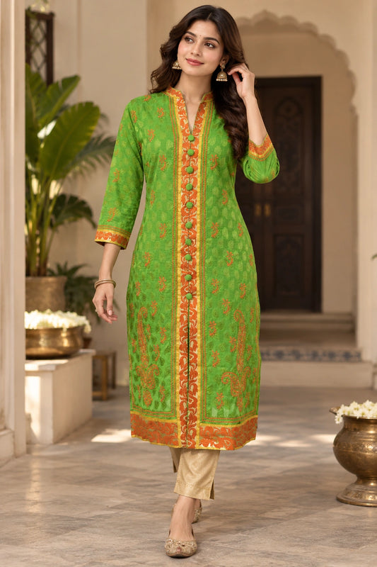 Lucknow Fashion Diary Hand Embroidered Lucknowi Chikankari Women's Green Chanderi Kurti