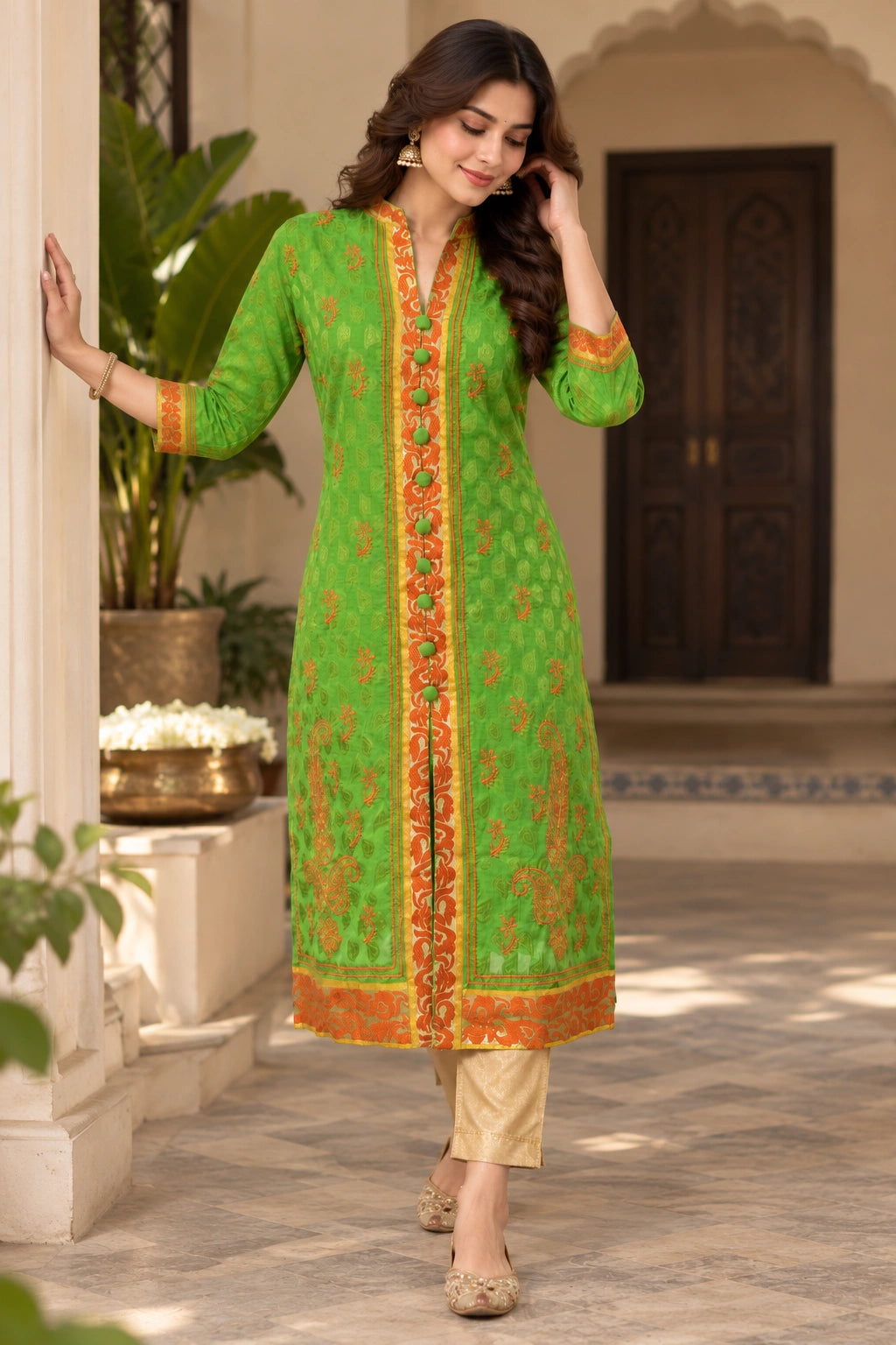 A woman models a bright green Indian salwar kameez suit with orange and gold floral embroidery, paired with beige trousers, in an outdoor courtyard setting.