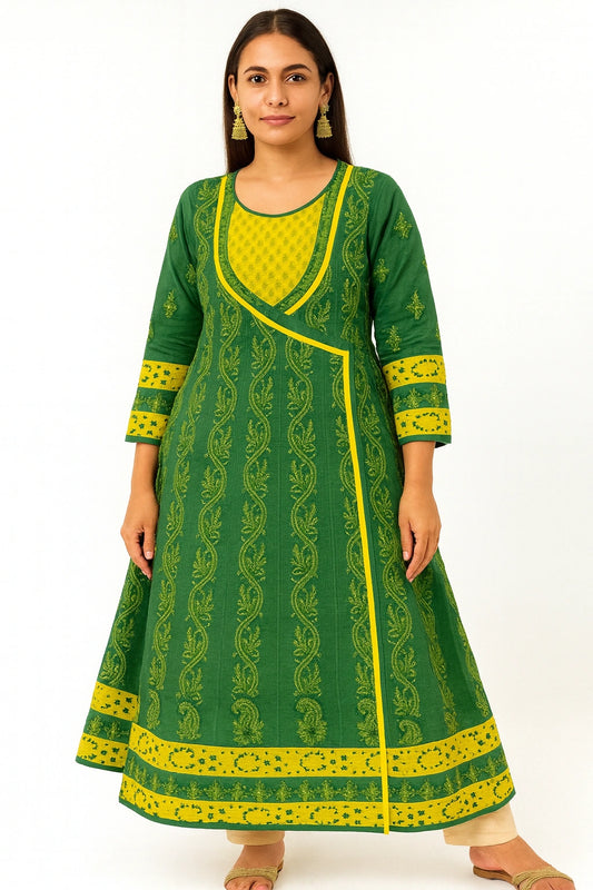 Lucknow Fashion Diary Hand Embroidered Lucknowi Chikankari Women's Green Cotton Anarkali
