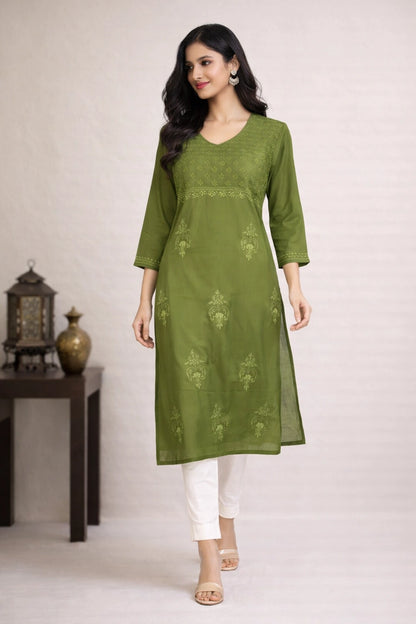Lucknow Fashion Diary Hand Embroidered Lucknowi Chikankari Women's Green Cotton Angrakha