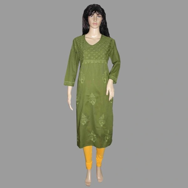 Green embroidered dress on a mannequin against a gray background