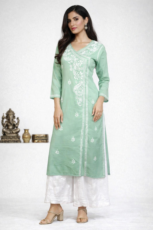 Lucknow Fashion Diary Hand Embroidered Lucknowi Chikankari Women's Green Cotton Angrakha