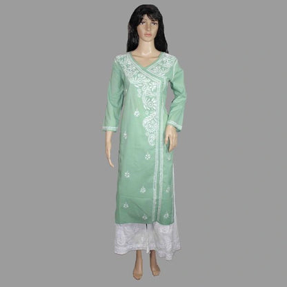 A mint green long kurta with white floral embroidery, modeled on a mannequin against a solid gray background.