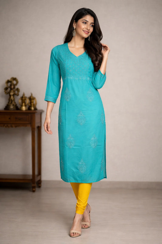 Lucknow Fashion Diary Hand Embroidered Lucknowi Chikankari Women's Green Cotton Angrakha