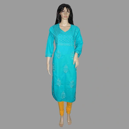 A turquoise blue kurta with white embroidery, displayed on a female mannequin with yellow leggings against a solid gray background.