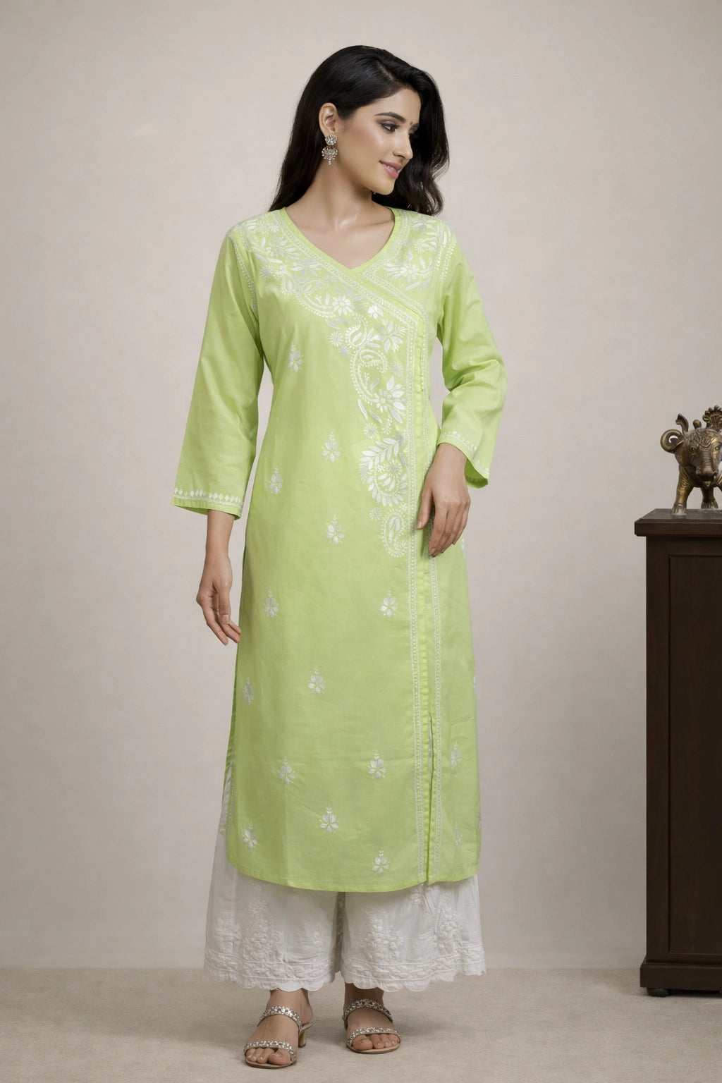 Lucknow Fashion Diary Hand Embroidered Lucknowi Chikankari Women's green Cotton Angrakha