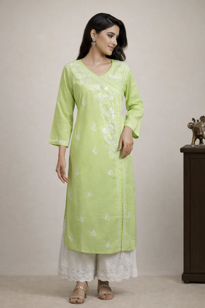 Lucknow Fashion Diary Hand Embroidered Lucknowi Chikankari Women's green Cotton Angrakha