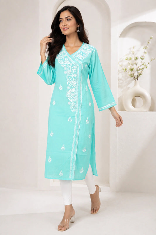 Lucknow Fashion Diary Hand Embroidered Lucknowi Chikankari Women's Green Cotton Angrakha