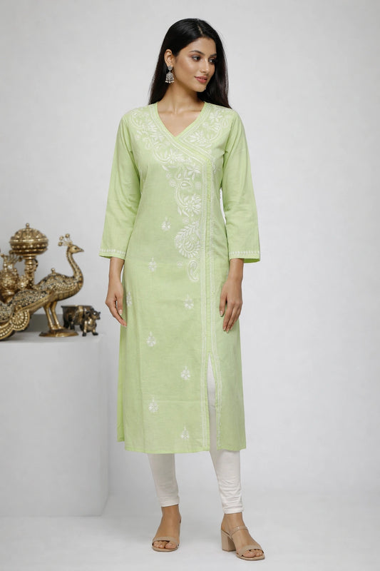 Lucknow Fashion Diary Hand Embroidered Lucknowi Chikankari Women's Green Cotton Angrakha