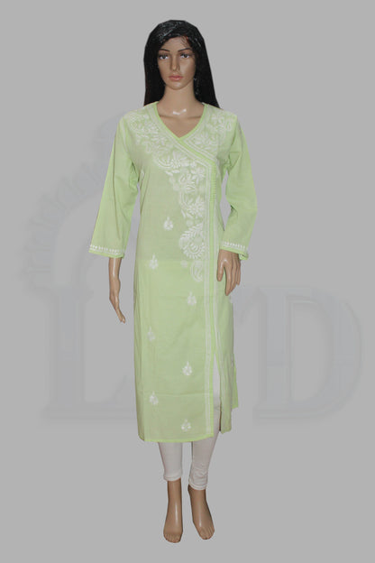 A light green long kurta with white floral embroidery, displayed on a female mannequin against a solid gray background.
