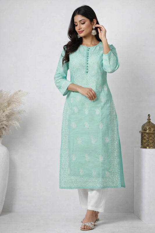 Lucknow Fashion Diary Hand Embroidered Lucknowi Chikankari Women's Green Cotton Kurti