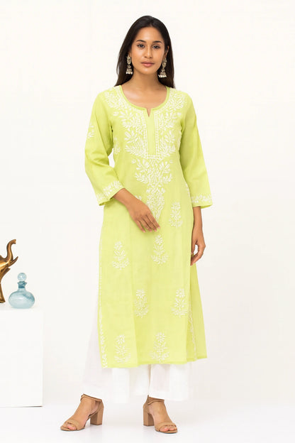 Lucknow Fashion Diary Hand Embroidered Lucknowi Chikankari Women's Green Cotton Kurti