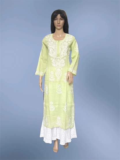 A light yellow-green kurta with white floral embroidery, displayed on a female mannequin against a blue gradient background.