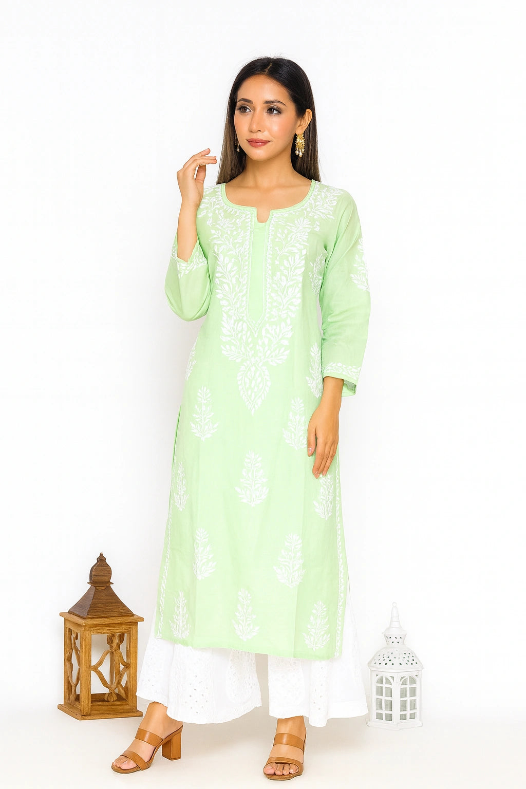 Lucknow Fashion Diary Hand Embroidered Lucknowi Chikankari Women's Green Cotton Kurti