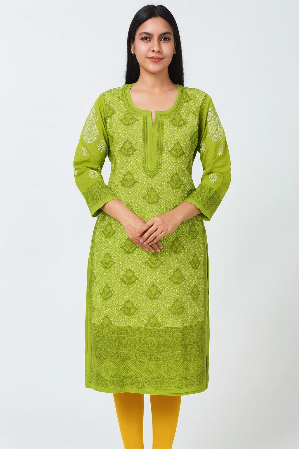 Lucknow Fashion Diary Hand Embroidered Lucknowi Chikankari Women's Green Cotton Kurti