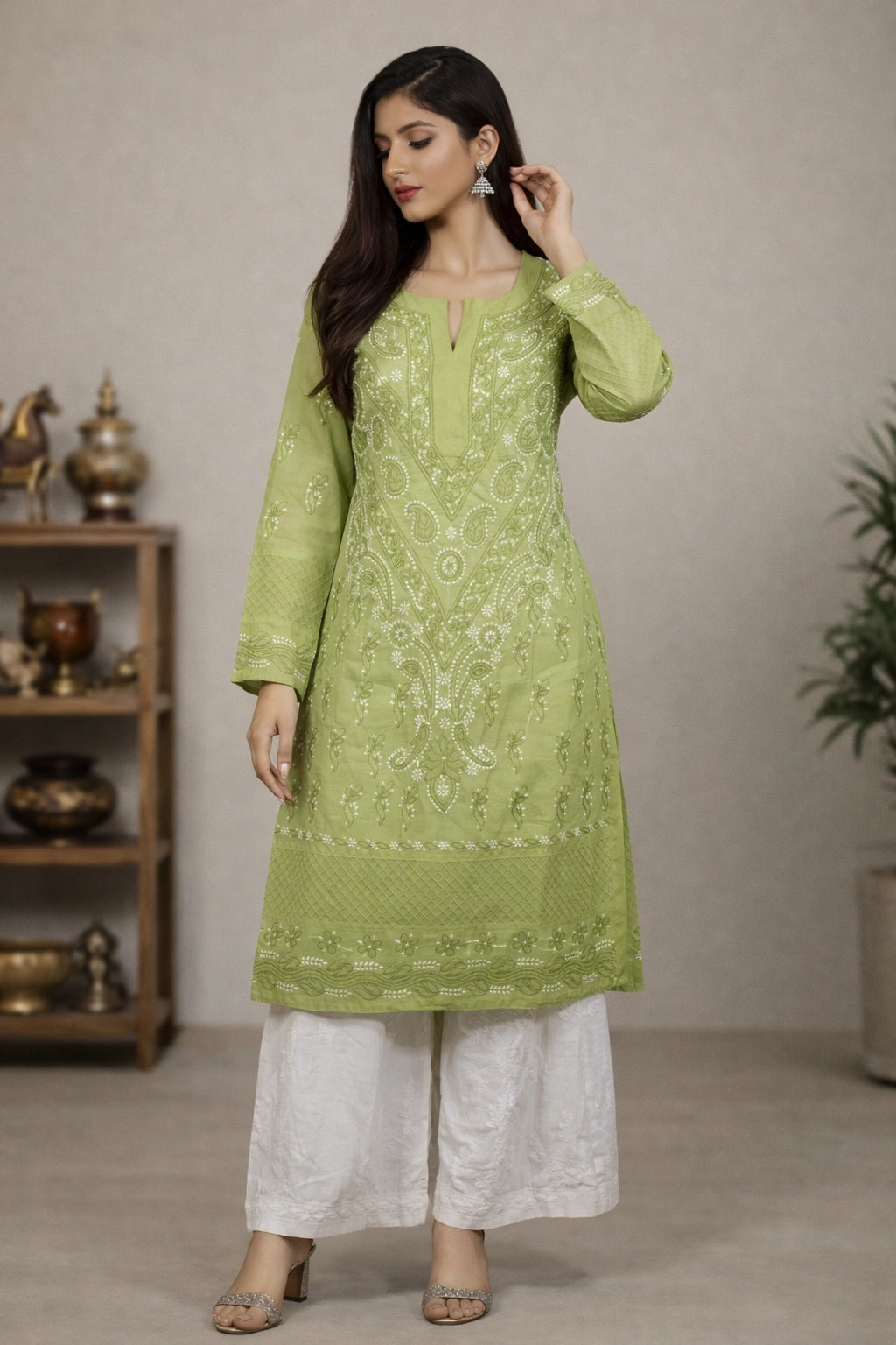 Lucknow Fashion Diary Hand Embroidered Lucknowi Chikankari Women's Green Cotton Kurti
