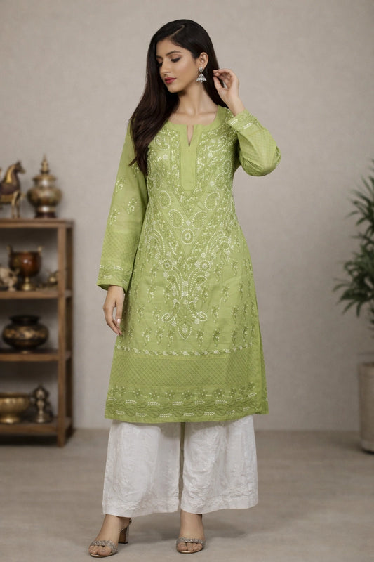 Lucknow Fashion Diary Hand Embroidered Lucknowi Chikankari Women's Green Cotton Kurti