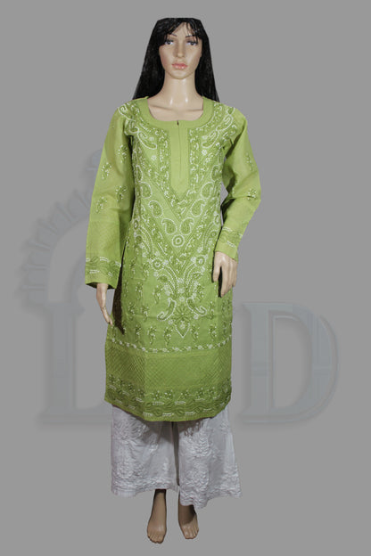 Green embroidered kurta on a mannequin against a gray background