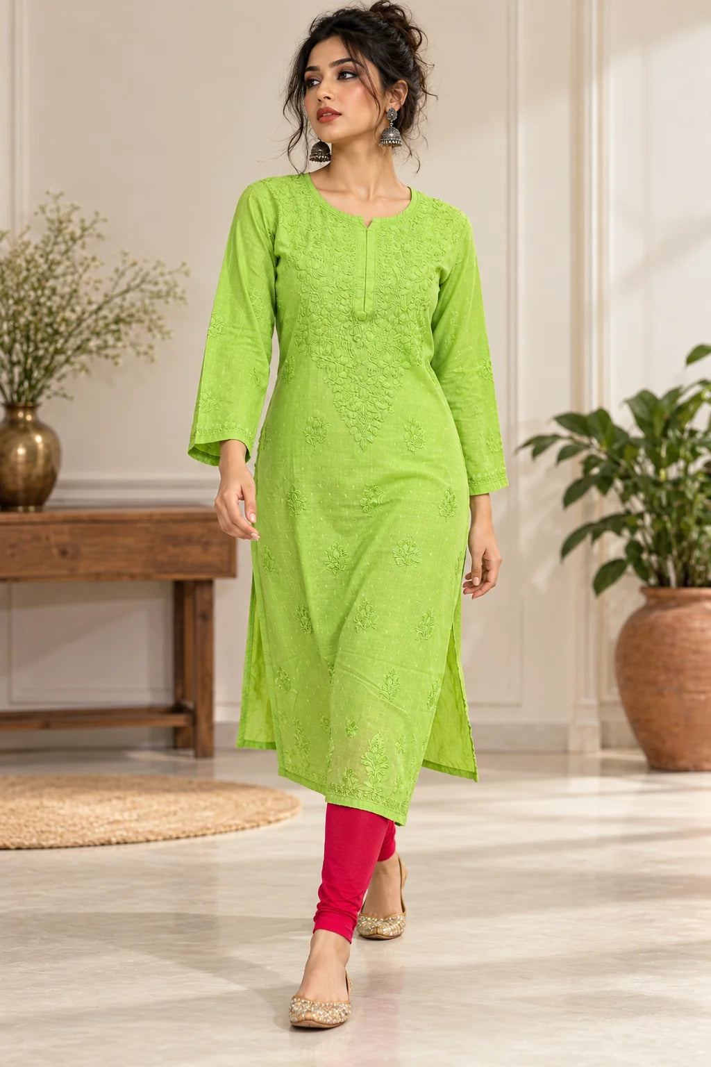 Lucknow Fashion Diary Hand Embroidered Lucknowi Chikankari Women's Green Dobby Cotton Kurta