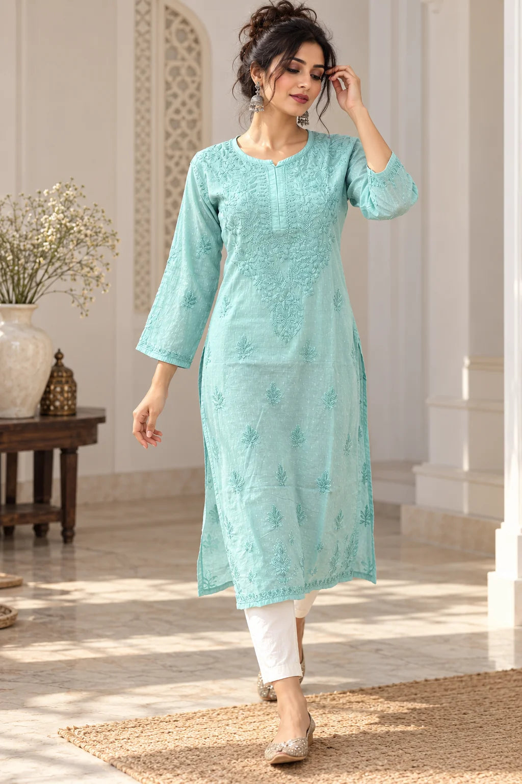 Lucknow Fashion Diary Hand Embroidered Lucknowi Chikankari Women's Green Dobby Cotton Kurta