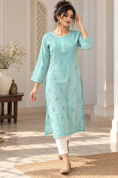 Lucknow Fashion Diary Hand Embroidered Lucknowi Chikankari Women's Green Dobby Cotton Kurta