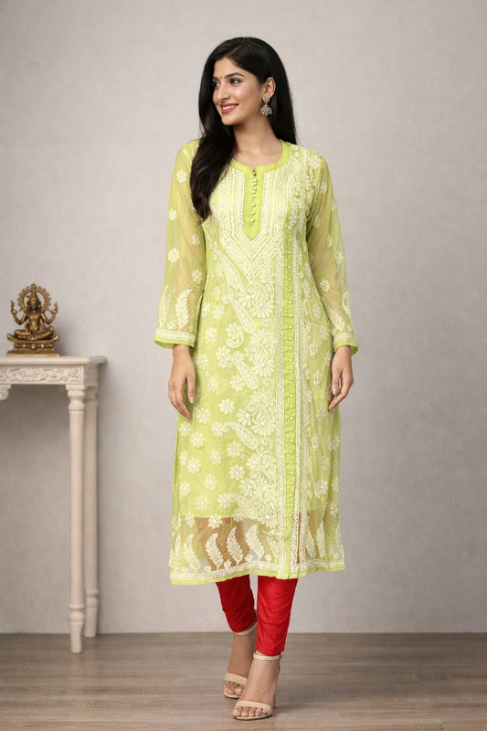 Lucknow Fashion Diary Hand Embroidered Lucknow Chikankari Women's Green Georgette A-Line Kurti 