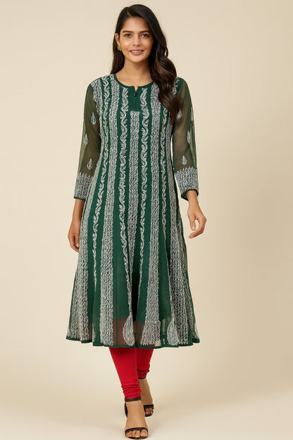 Lucknow Fashion Diary Hand Embroidered Lucknowi Chikankari Women's Green Georgette Anarkali
