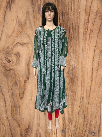 Green kurta with white floral embroidery on a beige background