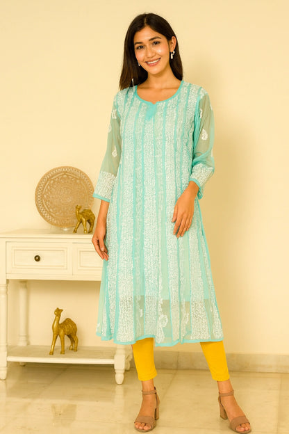 Lucknow Fashion Diary Hand Embroidered Lucknowi Chikankari Women's Green Georgette Anarkali