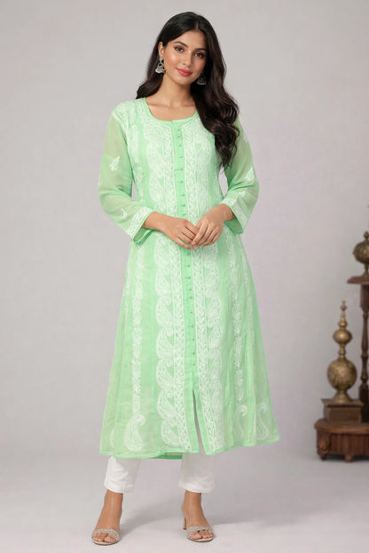 Lucknow Fashion Diary Hand Embroidered Lucknowi Chikankari Women's Green Georgette anarkali