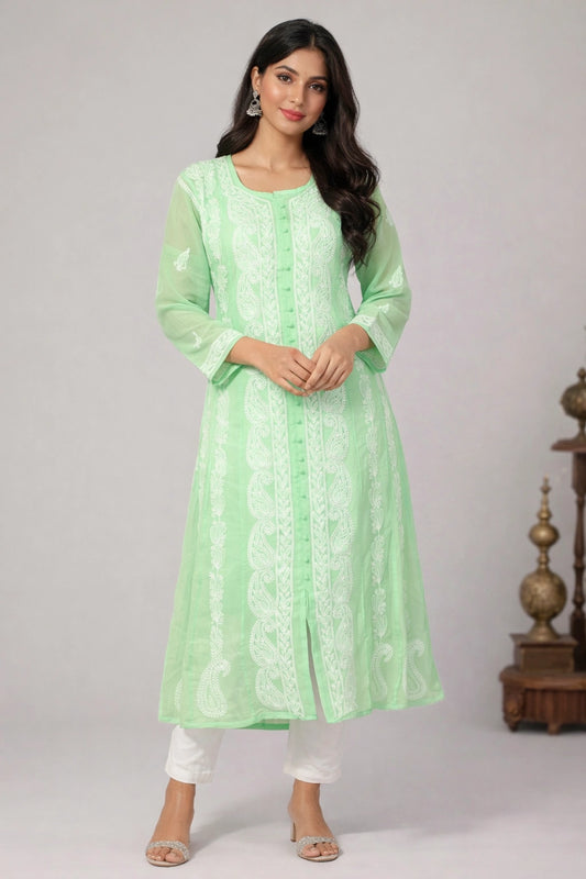 Lucknow Fashion Diary Hand Embroidered Lucknowi Chikankari Women's Green Georgette anarkali