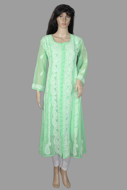 Light green kurta with white embroidery on a gray background